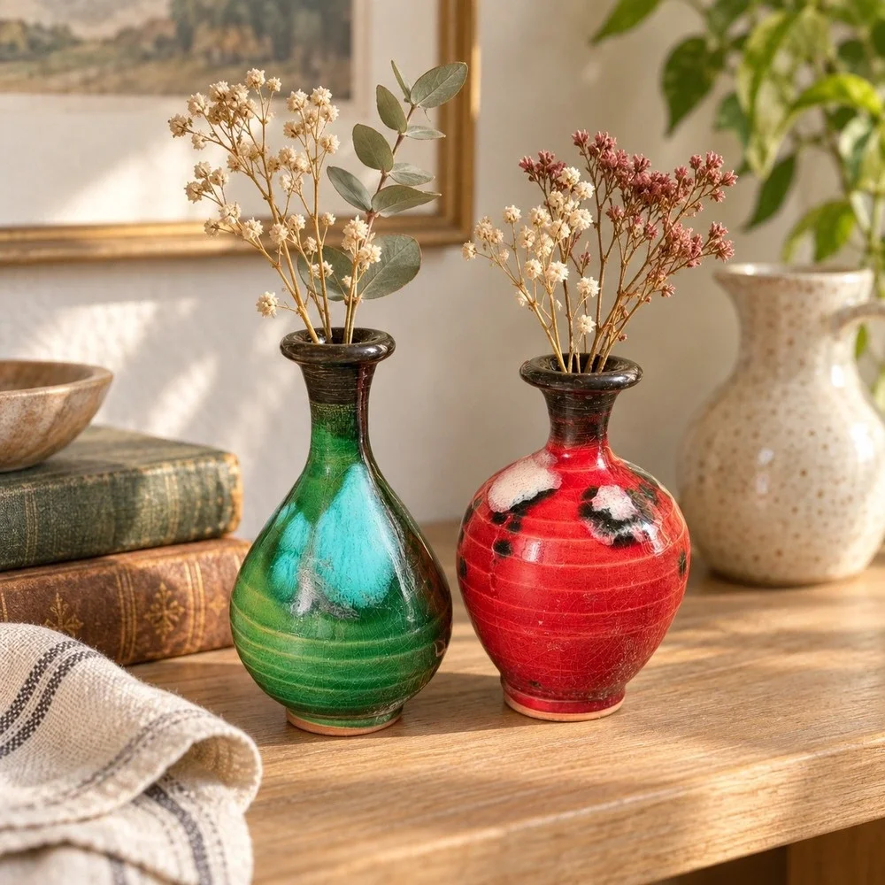 Vintage Mini Bud Vases Pair Green Red Studio Pottery Art Glaze Ceramic Decor